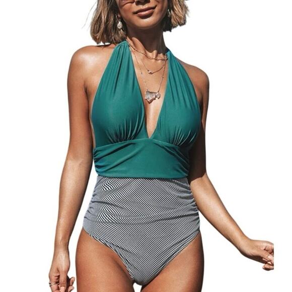 CUPSHE HALTER SWIMMING SUIT ONE PIECE KEEPING YOU ACCOMPANIED STRIPED SZ L BEACH - Picture 1 of 13